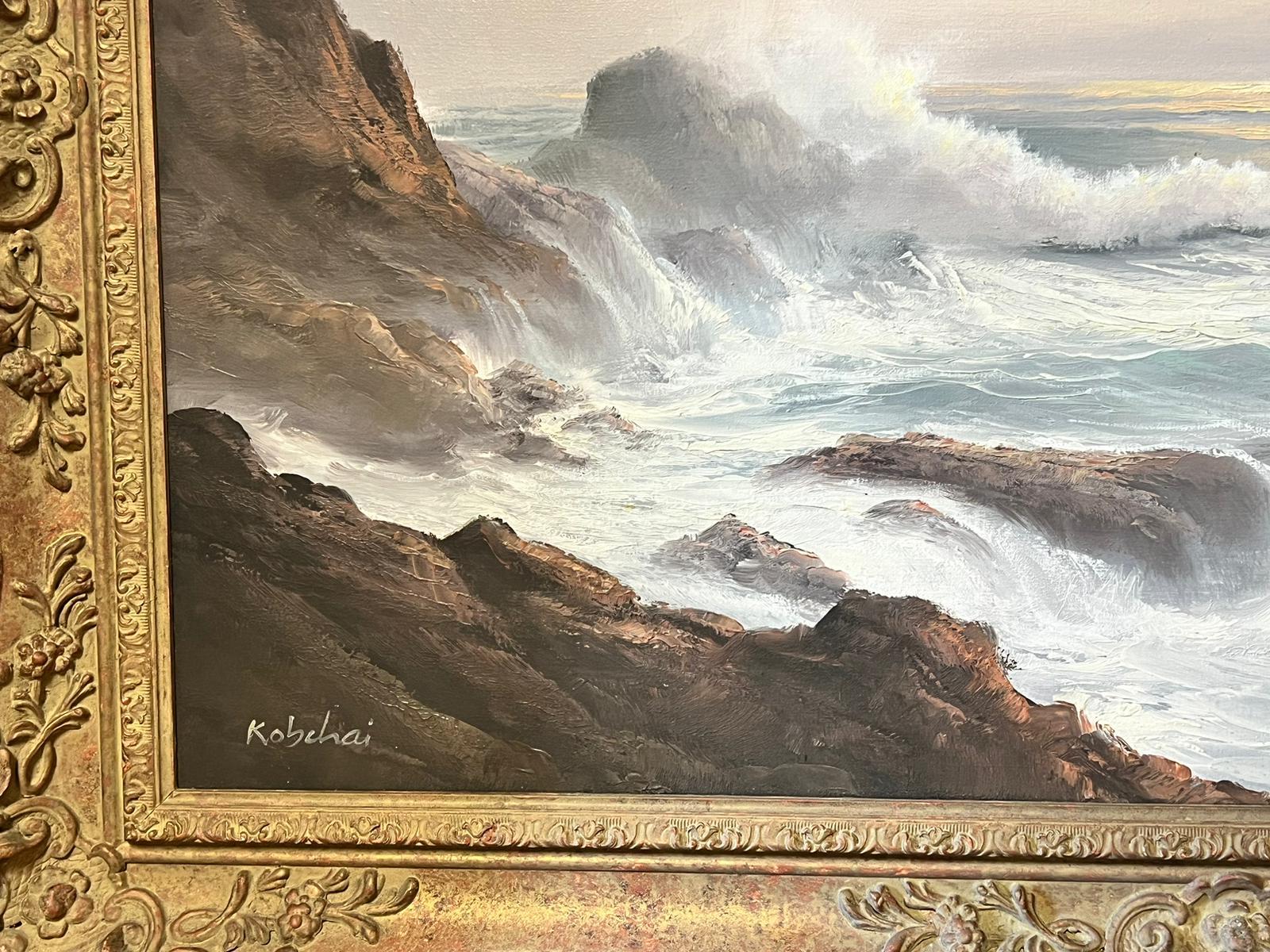 Crashing Waves Rocky Coast Large Traditional Signed Oil Painting Gilt Frame For Sale 2