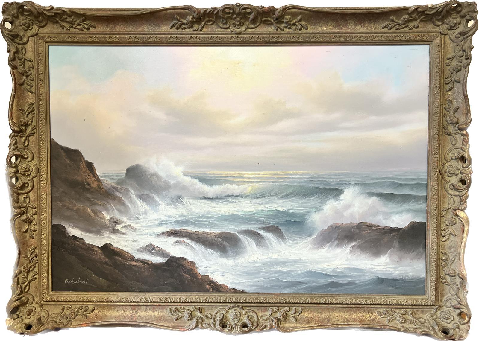 Grande peinture à l'huile traditionnelle signée « Crashing Waves » avec cadre doré de la côte rocheuse