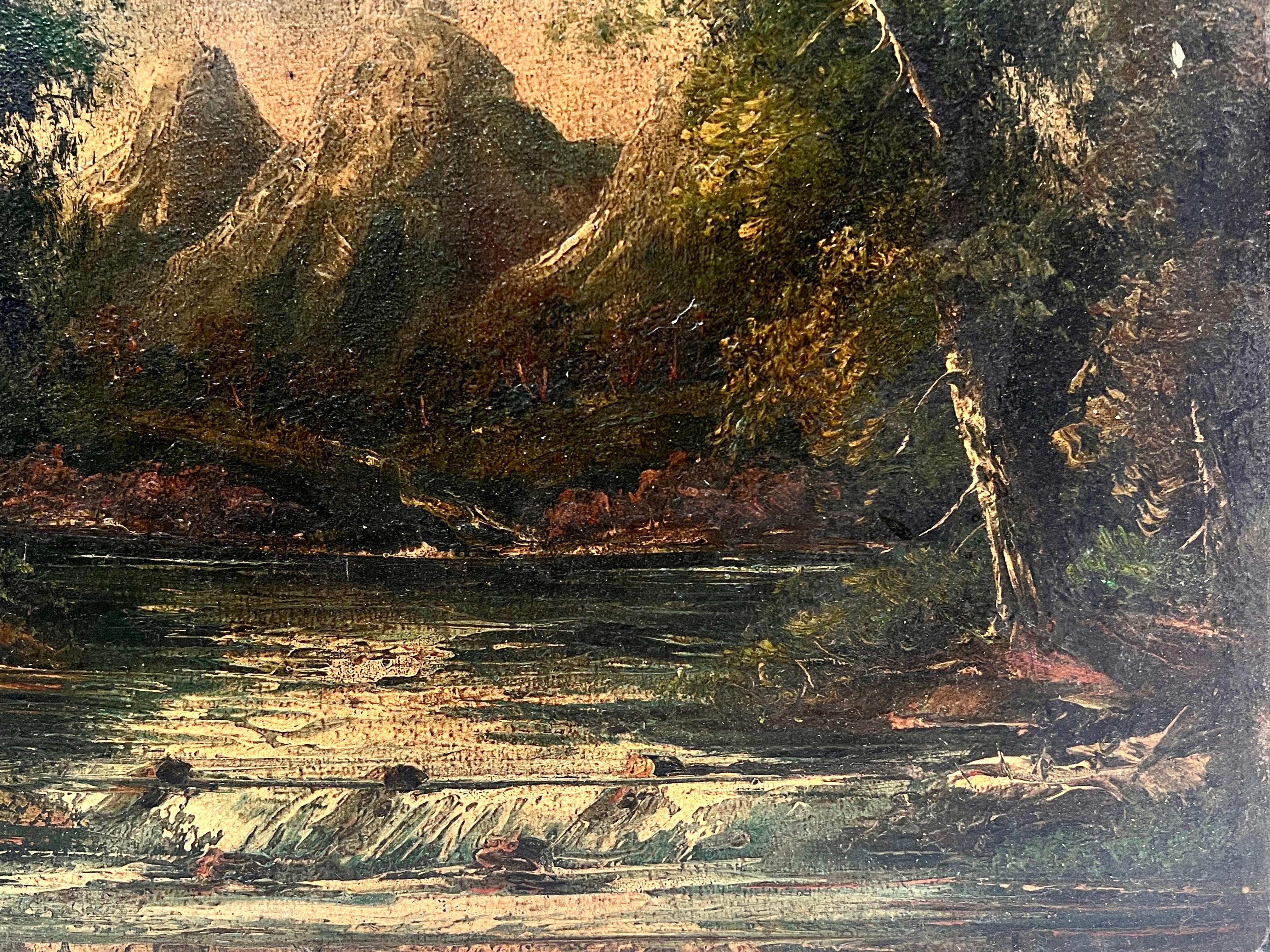 Dark Mountains Landscape Antique Oil Painting For Sale 1