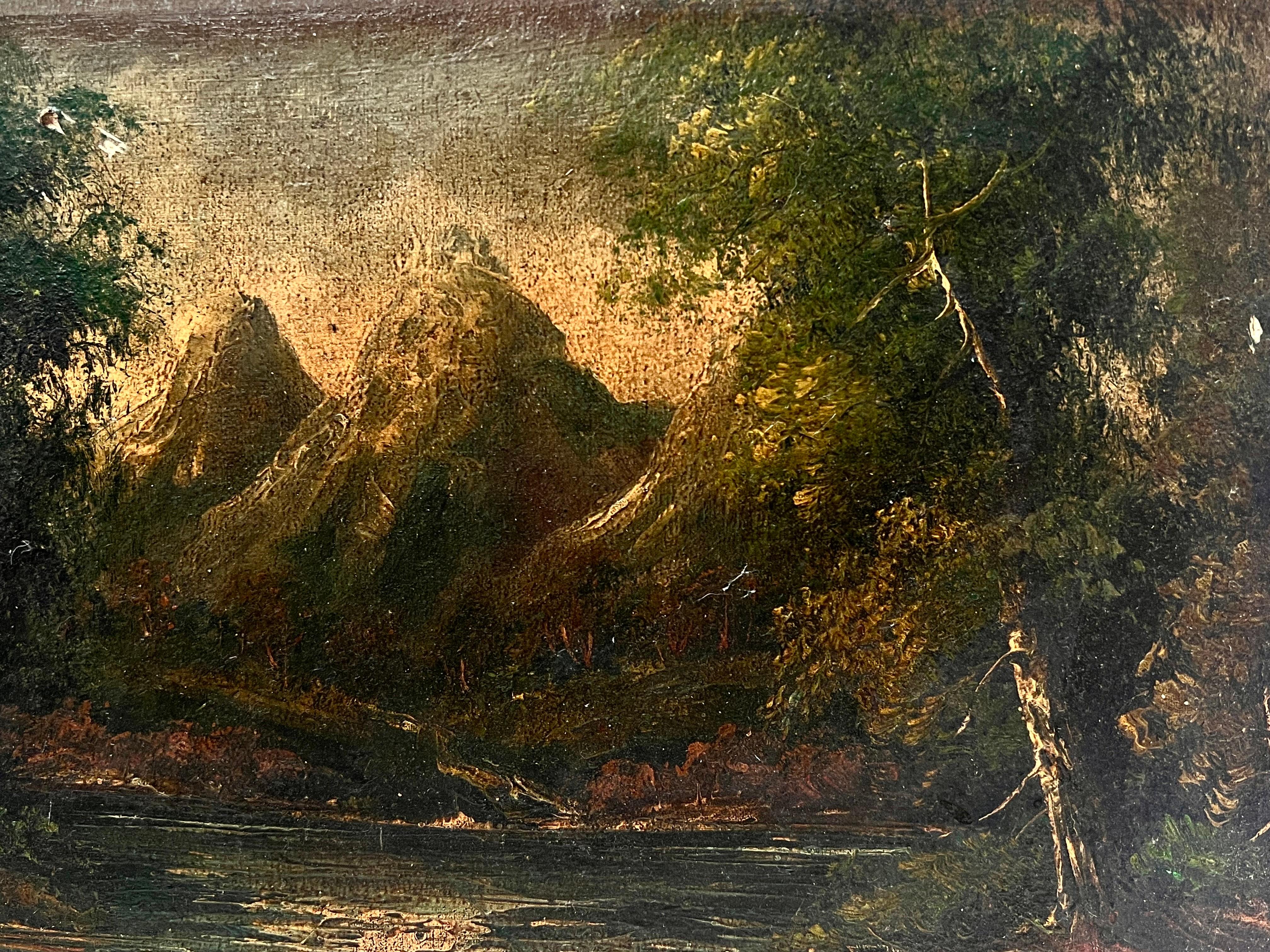 Dark Mountains Landscape Antique Oil Painting For Sale 2