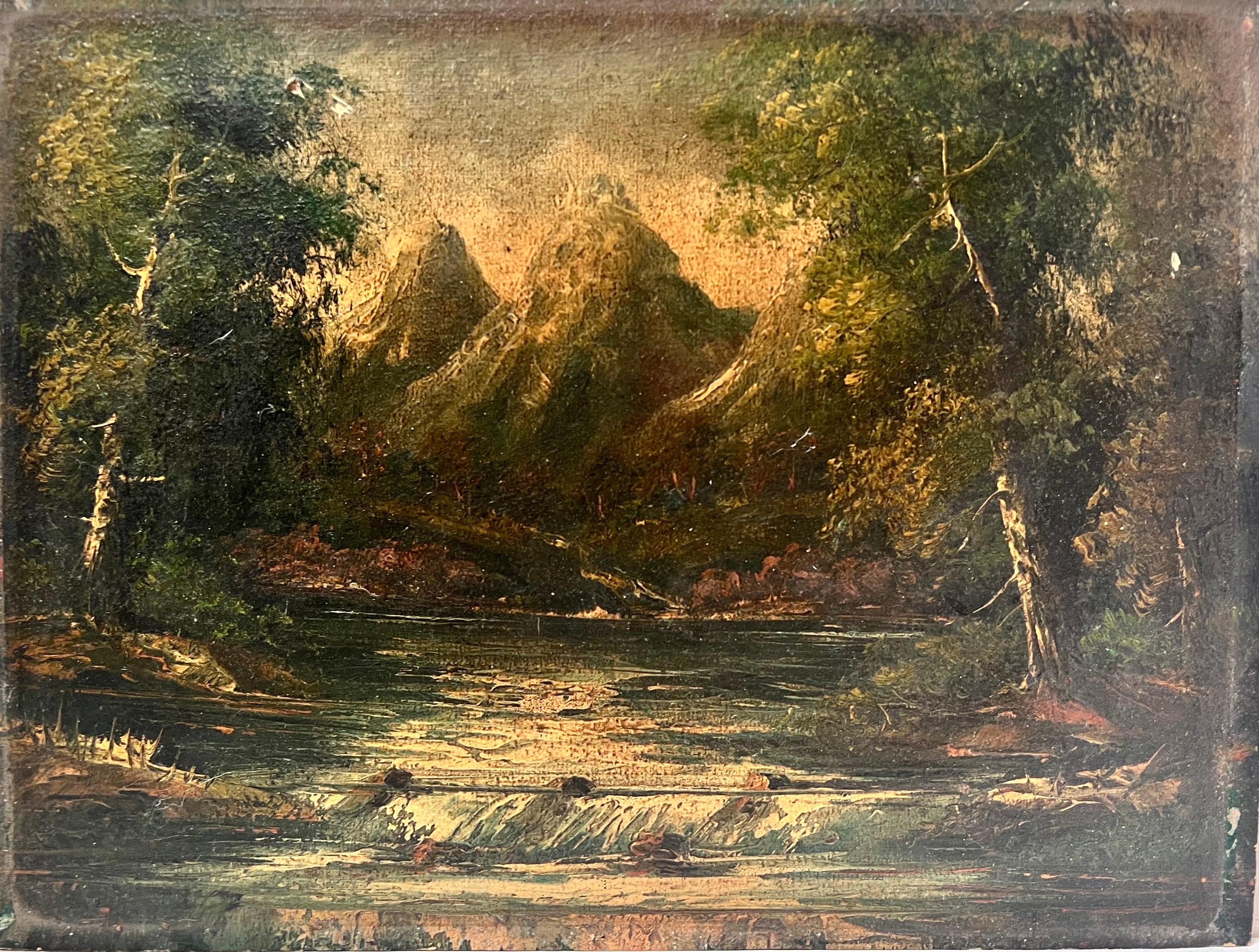 Landscape Painting de European Artist - Paisaje montañoso oscuro Pintura al óleo antigua