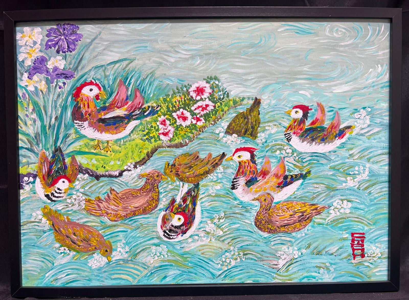 Peinture à l'huile post-impressionniste d'Orient exotique nageant sur un étang signée - Painting de European Artist