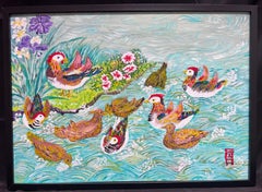 Exotic Oriental Birds Swimming on Pond Signed Post Impressionist Oil Painting