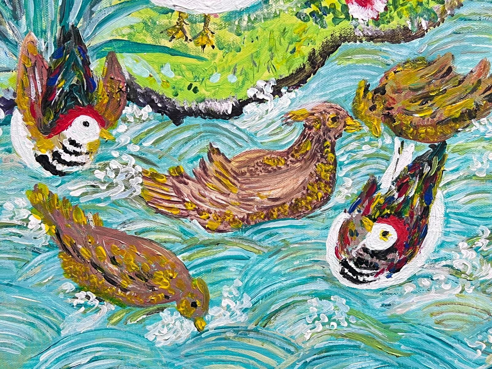 Exotische orientalische Vögel, die auf Teich schwimmen, signiertes postimpressionistisches Ölgemälde (Post-Impressionismus), Painting, von European Artist