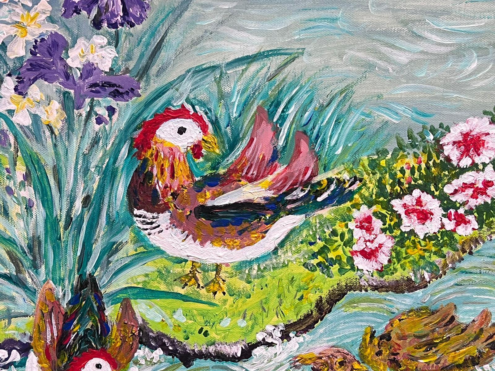 Exotic Oriental Birds Swimming on Pond Signed Post Impressionist Oil Painting For Sale 2