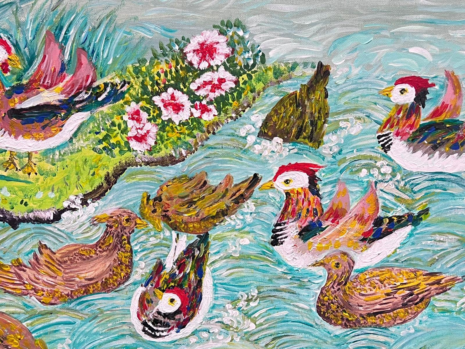 Exotische orientalische Vögel, die auf Teich schwimmen, signiertes postimpressionistisches Ölgemälde im Angebot 1