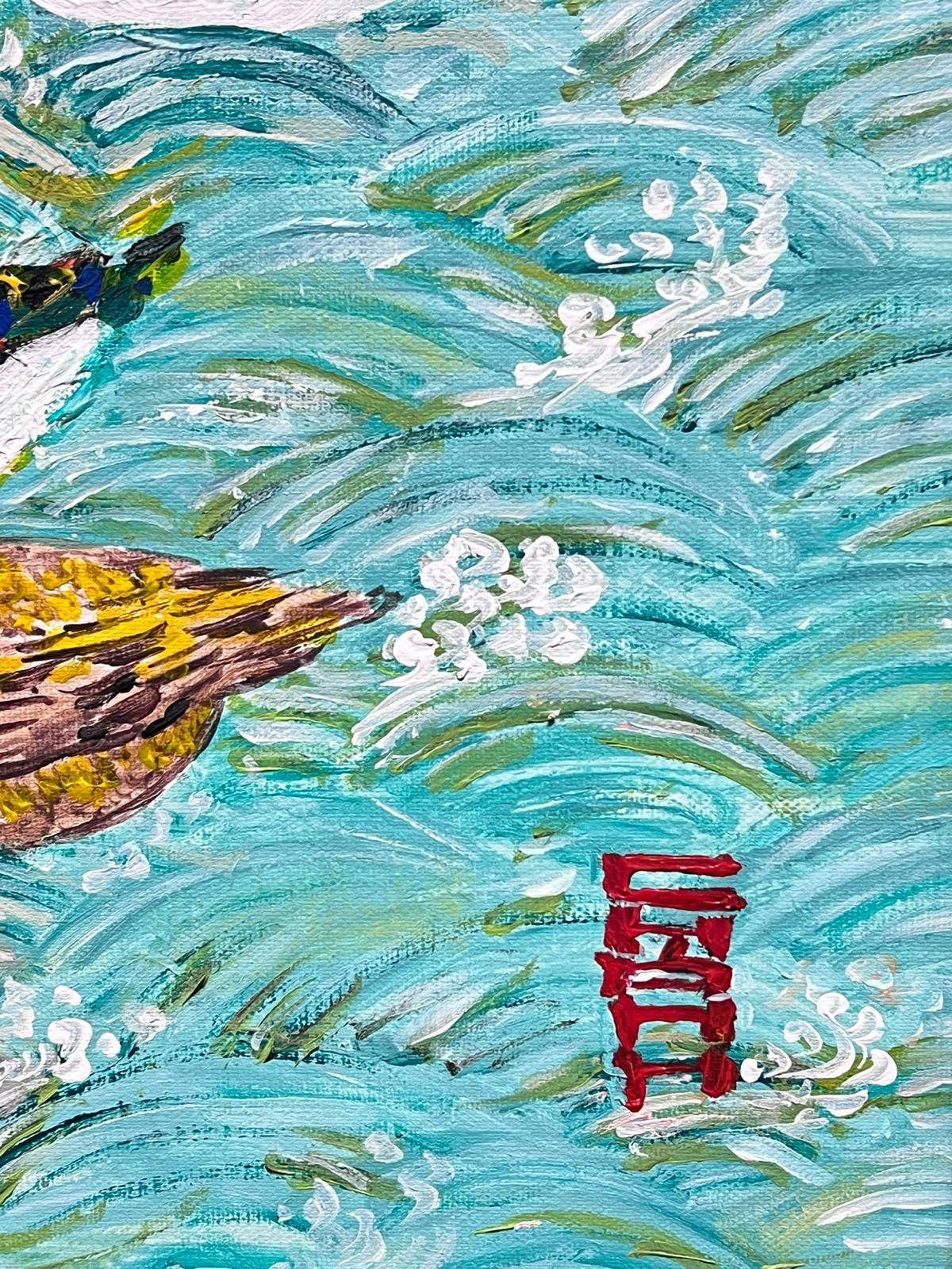Exotische orientalische Vögel, die auf Teich schwimmen, signiertes postimpressionistisches Ölgemälde im Angebot 2