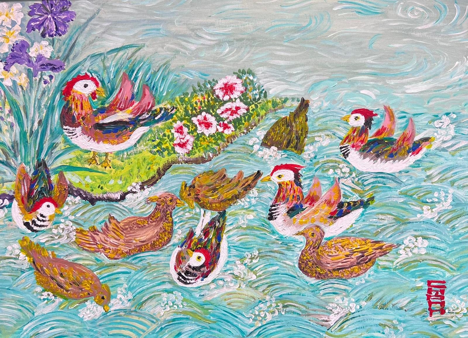 Exotische orientalische Vögel, die auf Teich schwimmen, signiertes postimpressionistisches Ölgemälde