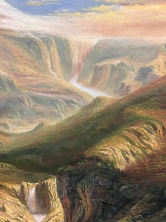 Huge Alpine Mountain Landscape with Waterfall Giant Oil Painting on Canvas