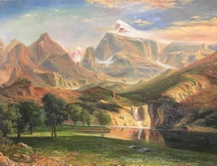 Huge Alpine Mountain Landscape with Waterfall Giant Oil Painting on Canvas