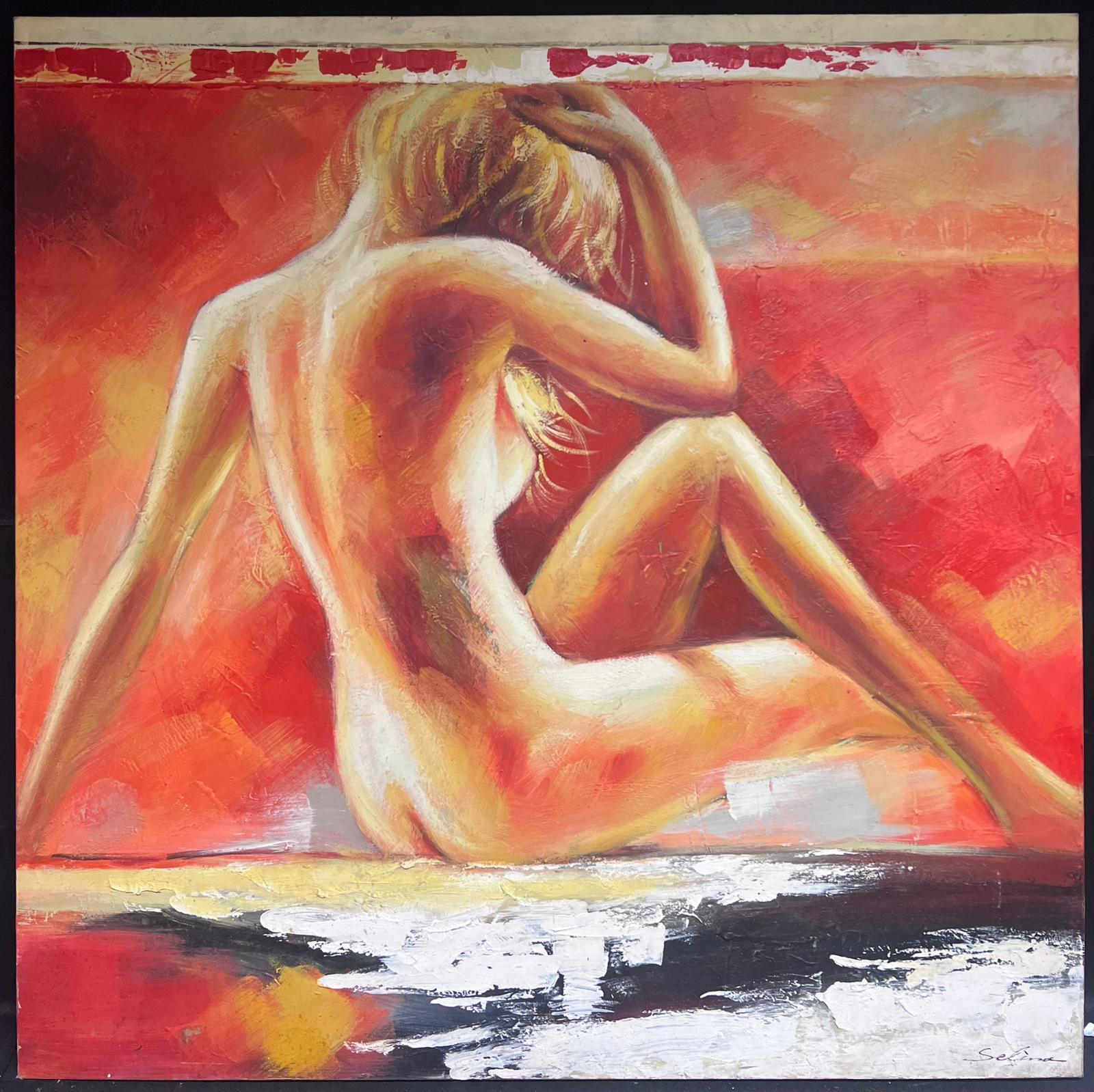Immense peinture à l'huile contemporaine Femme nue sur fond rouge signée - Painting de European Artist