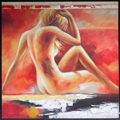 Huge Contemporary Oil Painting Nude Lady against Red Background signed