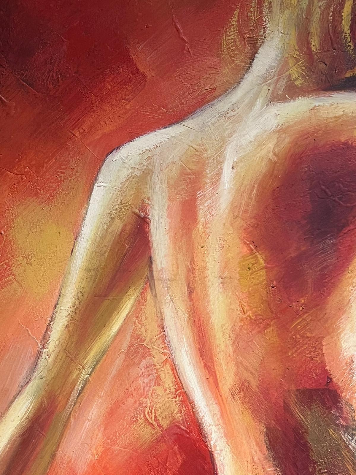 Huge Contemporary Oil Painting Nude Lady against Red Background signed For Sale 1