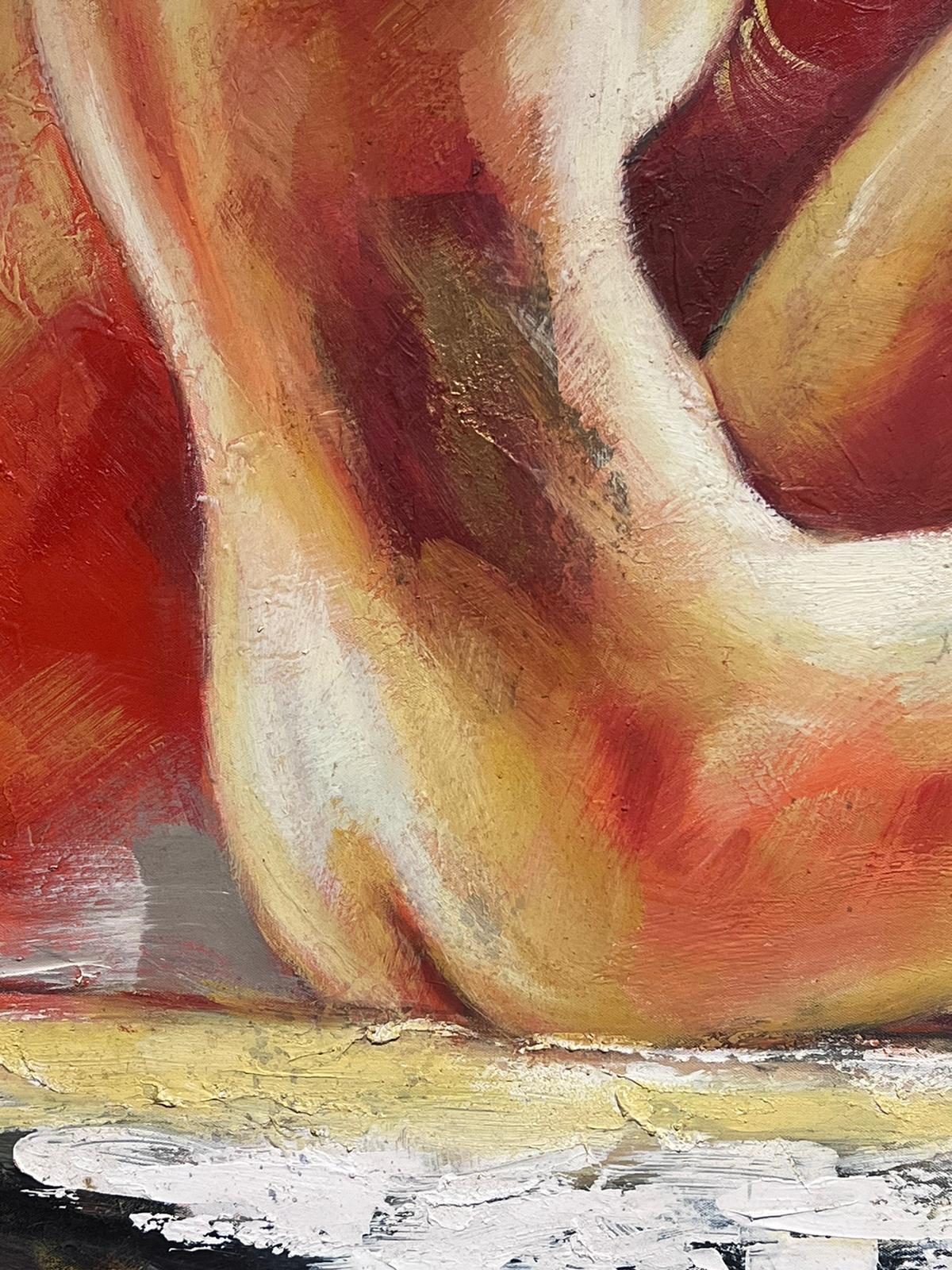 Huge Contemporary Oil Painting Nude Lady against Red Background signed For Sale 2