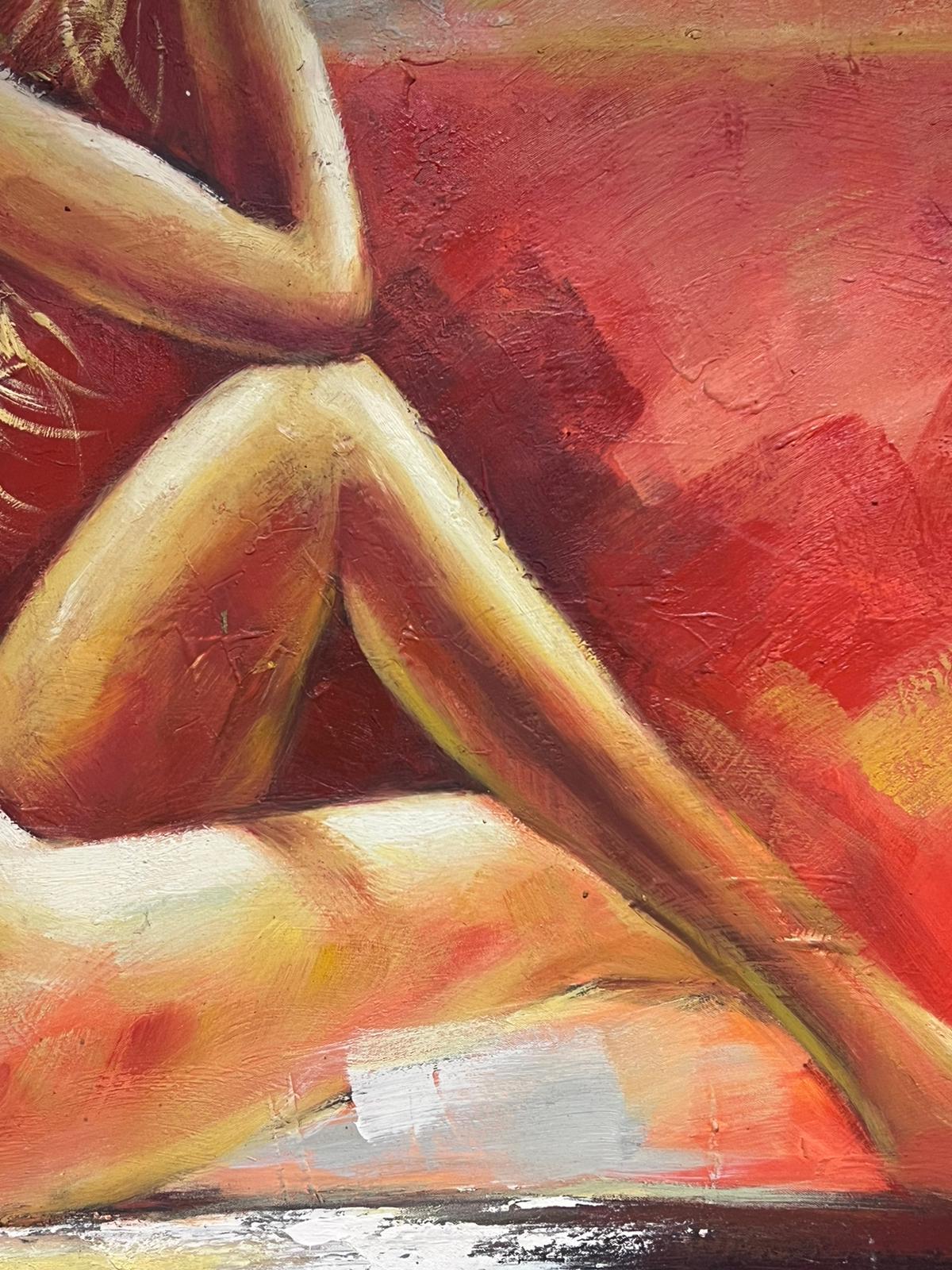Immense peinture à l'huile contemporaine Femme nue sur fond rouge signée en vente 1