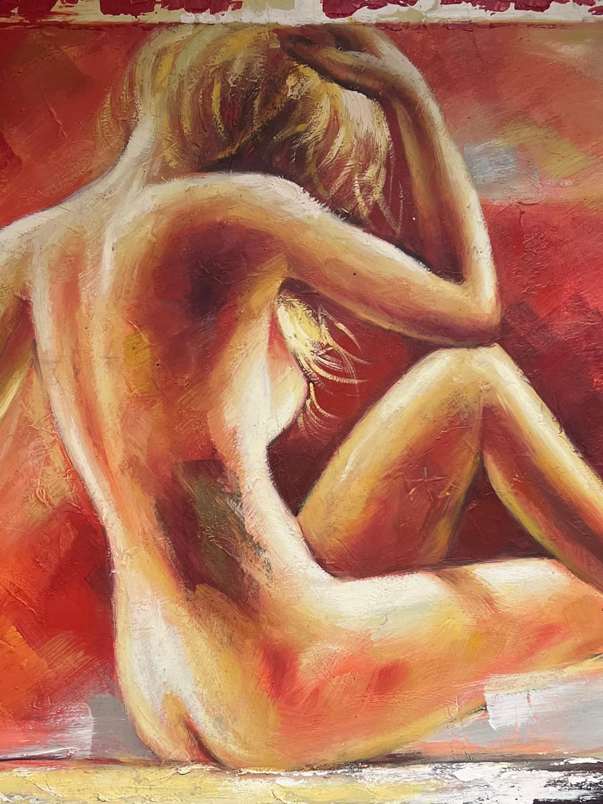 Huge Contemporary Oil Painting Nude Lady against Red Background signed For Sale 5