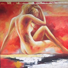 Immense peinture à l'huile contemporaine Femme nue sur fond rouge signée
