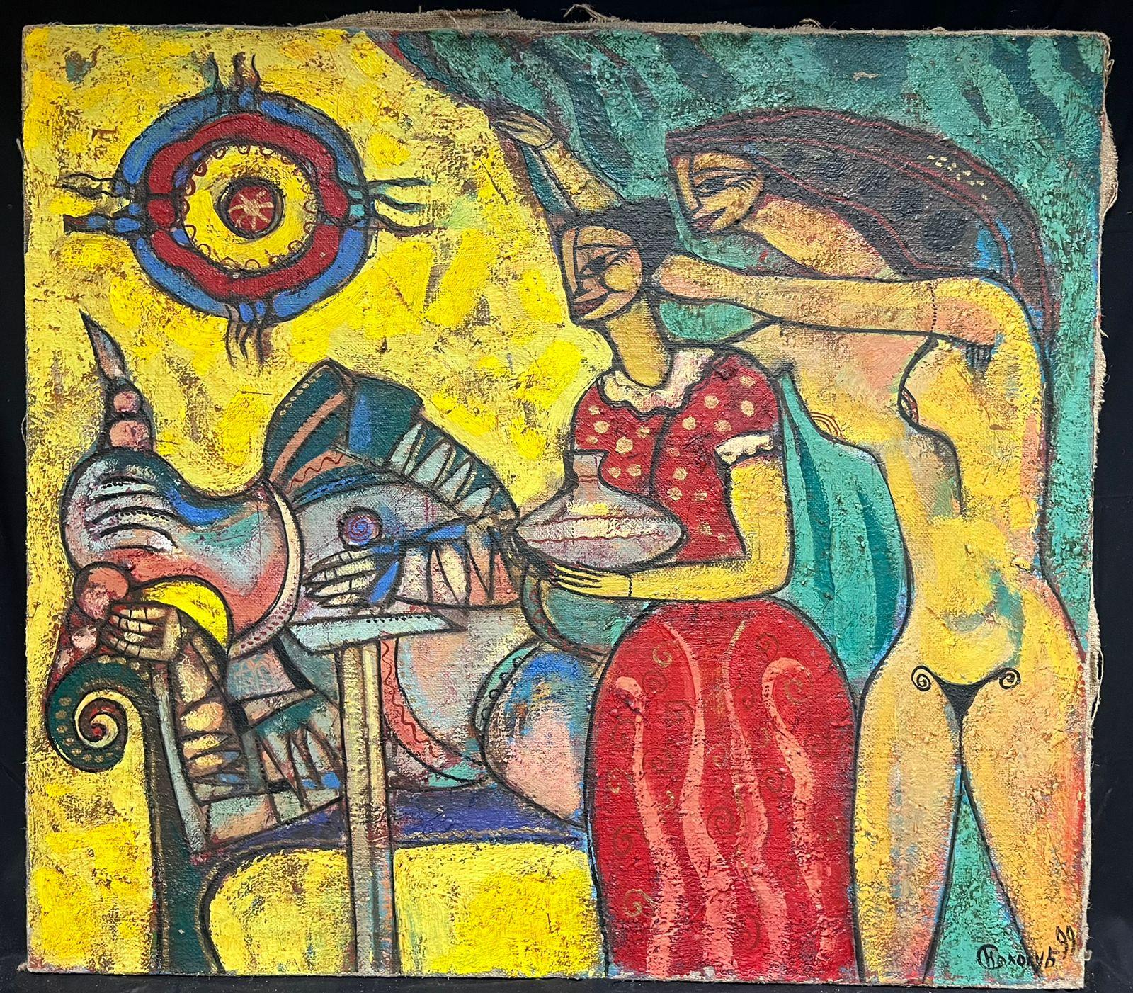 Immense peinture contemporaine Figures mythiques abstraites dans une composition surréaliste - Painting de European Artist
