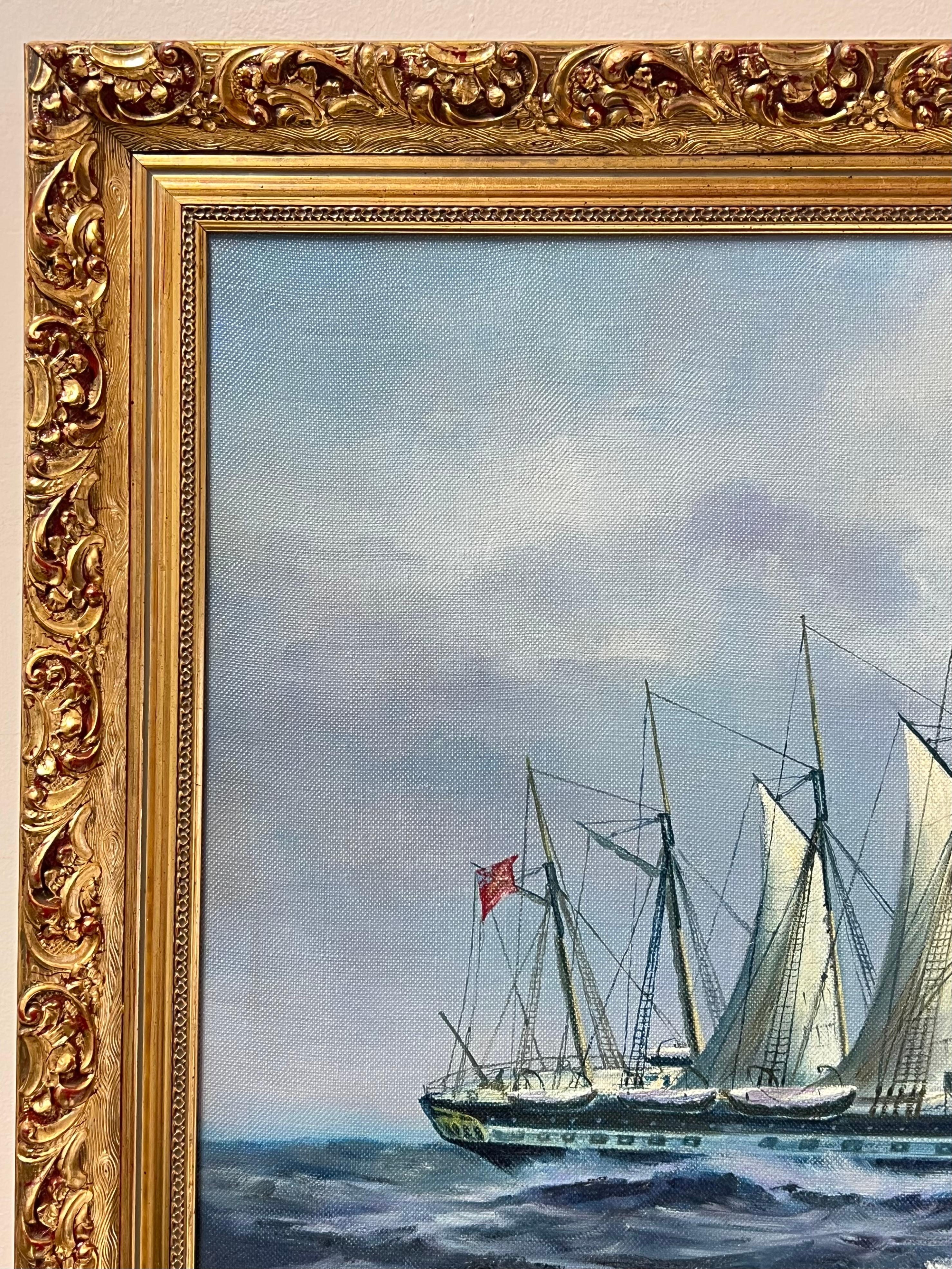 Große Classic Marine signiert Ölgemälde Segelschiff auf kabbeligen Meeren vergoldet gerahmt im Angebot 5