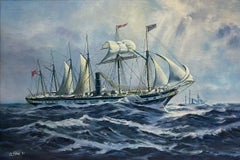 Grande dipinto a olio classico di Marin firmato Nave a vela su mari agitati, dorato e incorniciato