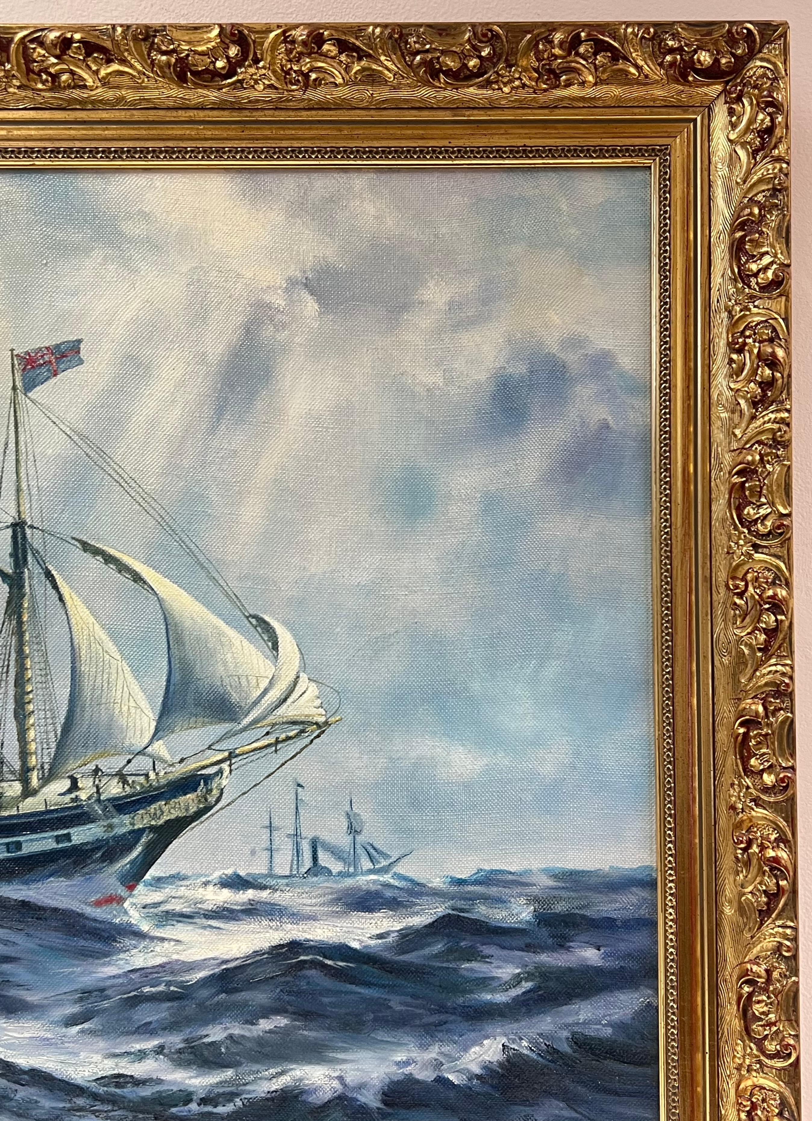 Große Classic Marine signiert Ölgemälde Segelschiff auf kabbeligen Meeren vergoldet gerahmt (Impressionismus), Painting, von European Artist