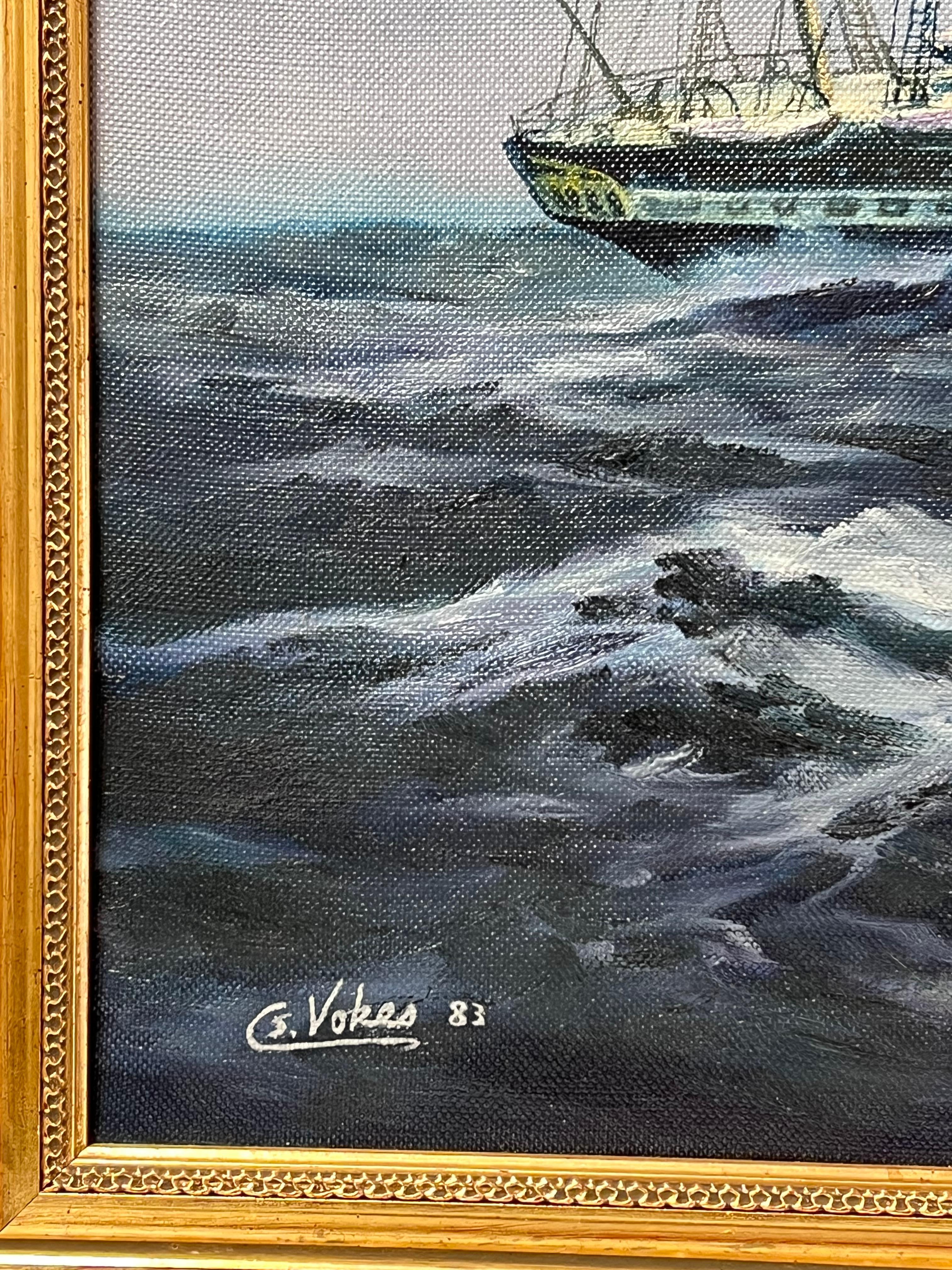Große Classic Marine signiert Ölgemälde Segelschiff auf kabbeligen Meeren vergoldet gerahmt (Grau), Landscape Painting, von European Artist