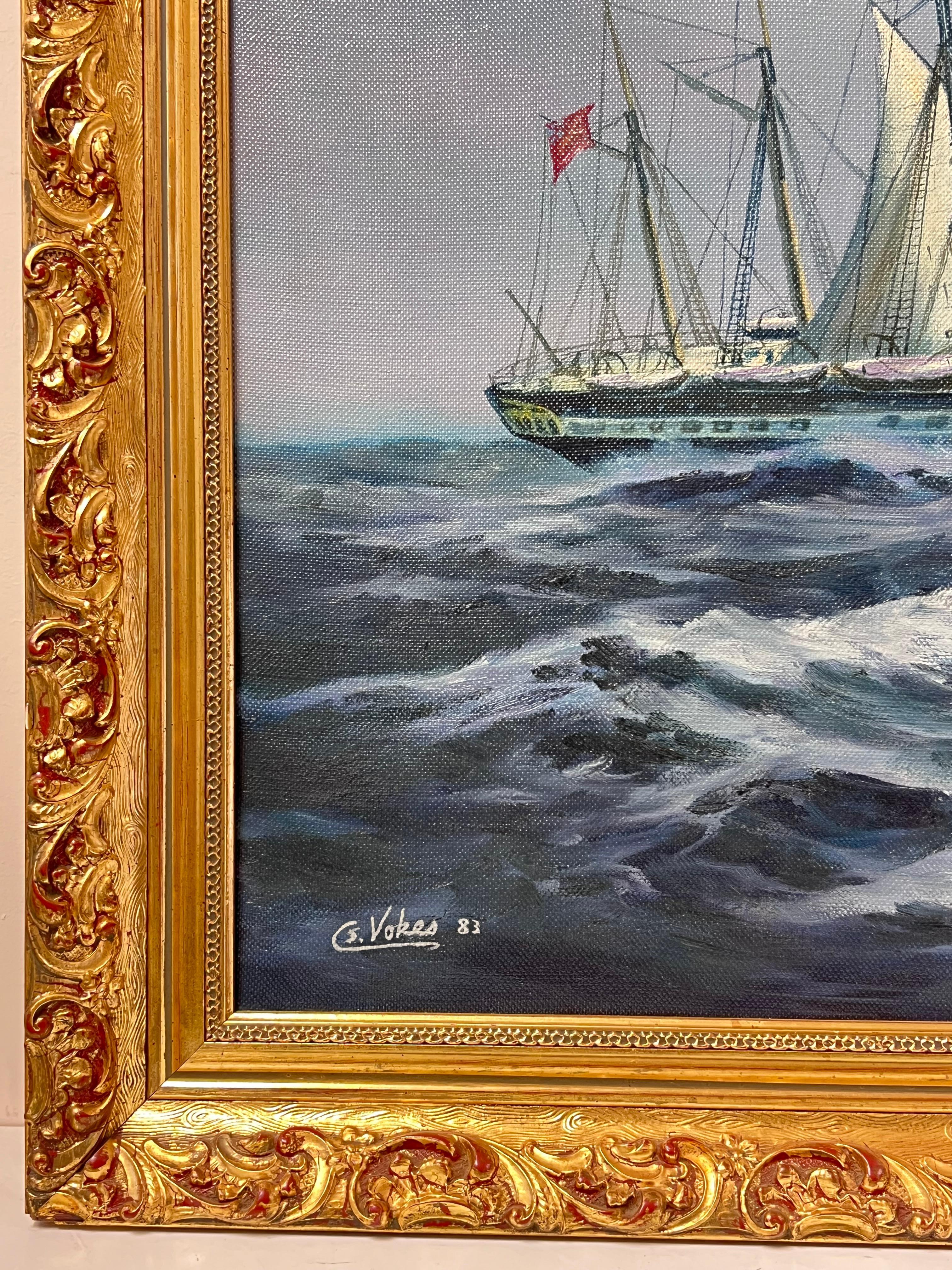 Segelschiff auf See
Gezeichnet C.S.Vokes
von 83
signiertes Ölgemälde auf Leinwand, gerahmt
Gerahmt: 24 x 34 Zoll
Leinwand: 20 x 30 Zoll
Zustand: sehr gut
Provenienz: Privatsammlung, England

