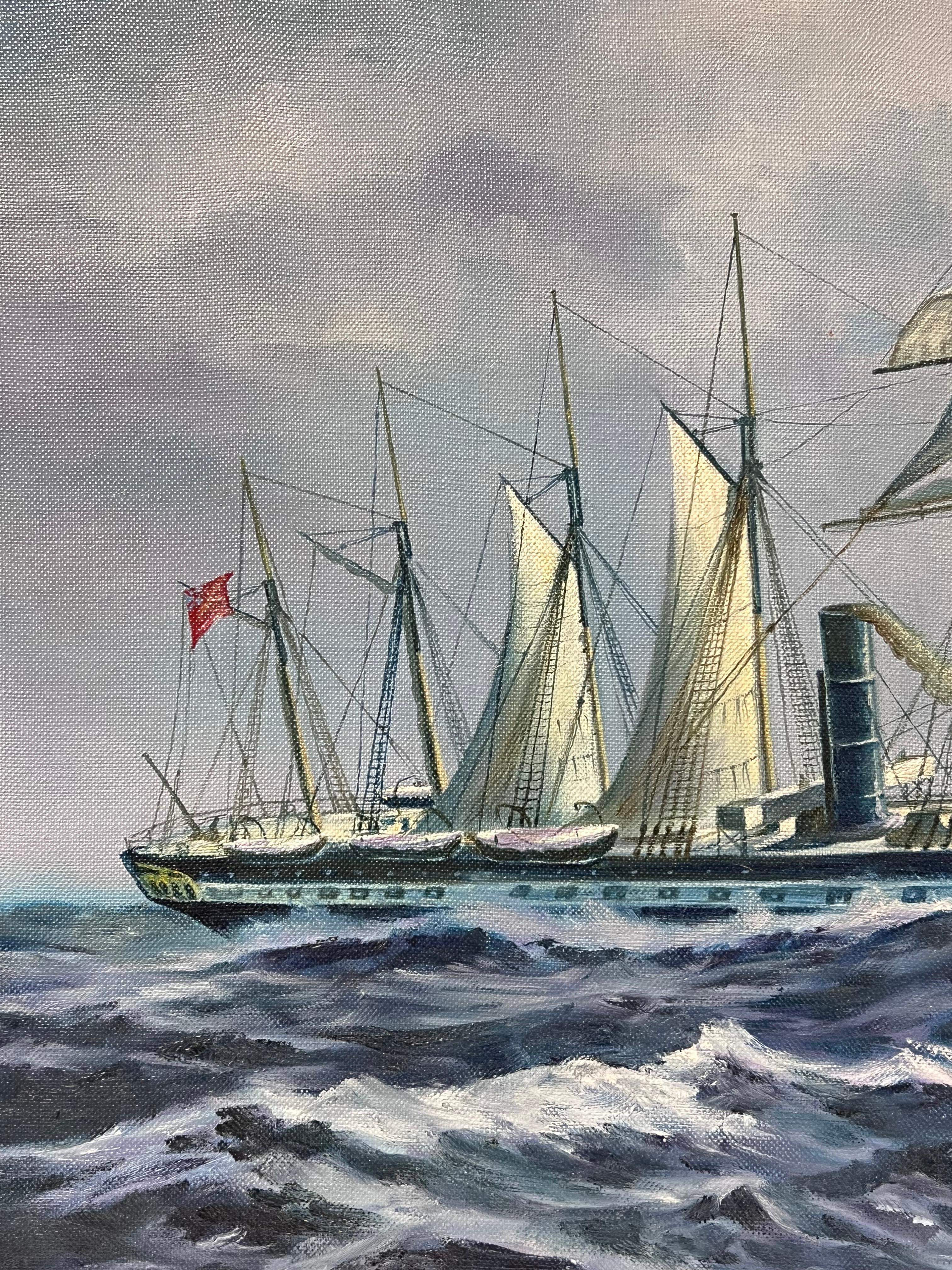 Große Classic Marine signiert Ölgemälde Segelschiff auf kabbeligen Meeren vergoldet gerahmt im Angebot 1