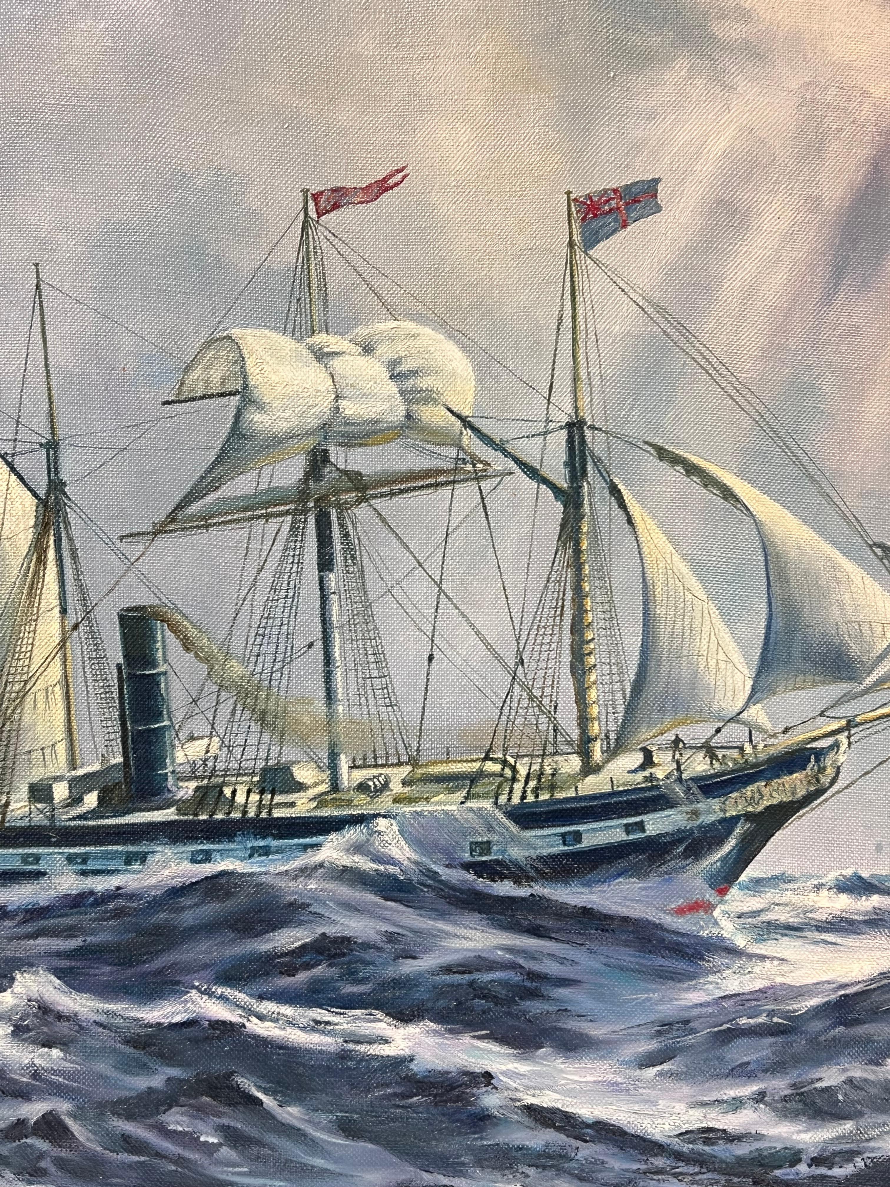 Große Classic Marine signiert Ölgemälde Segelschiff auf kabbeligen Meeren vergoldet gerahmt im Angebot 2