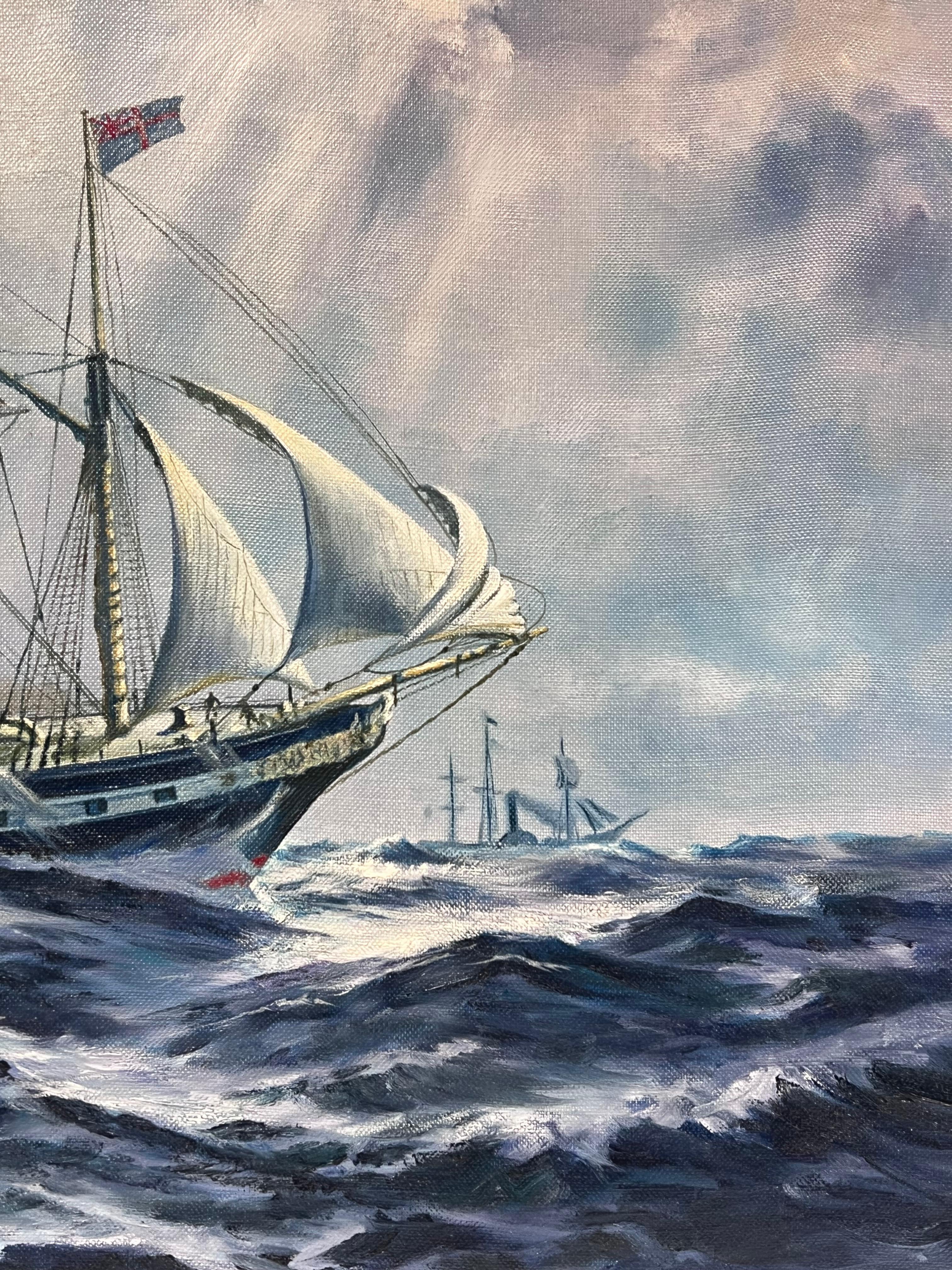 Große Classic Marine signiert Ölgemälde Segelschiff auf kabbeligen Meeren vergoldet gerahmt im Angebot 3