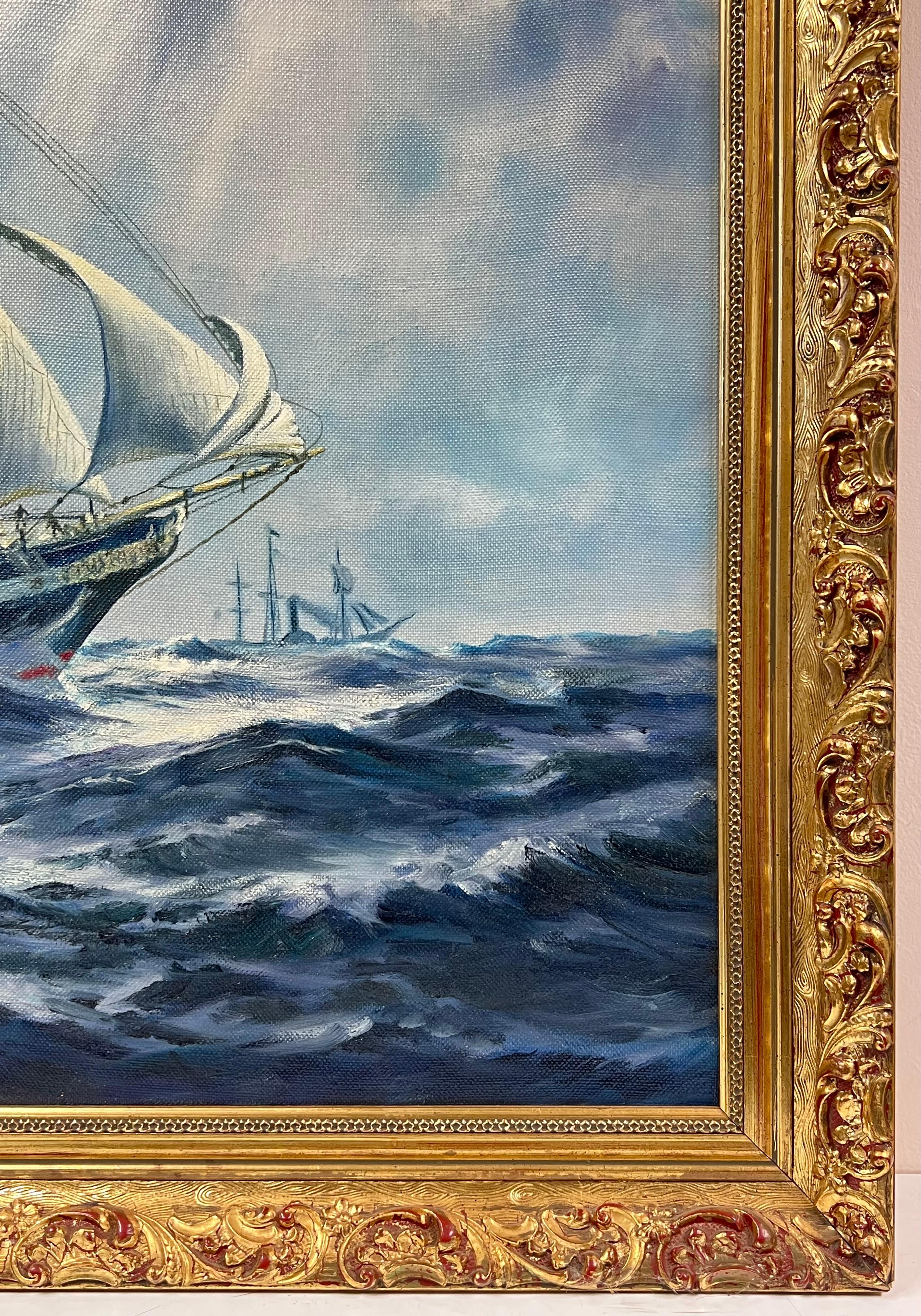 Große Classic Marine signiert Ölgemälde Segelschiff auf kabbeligen Meeren vergoldet gerahmt im Angebot 4