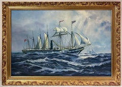 Large Classic Marine Signed Oil Painting Sailing Ship on Choppy Seas Gilt Framed