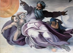 Vintage Large Classical Oil Painting Mythological Biblical Figures in Sky