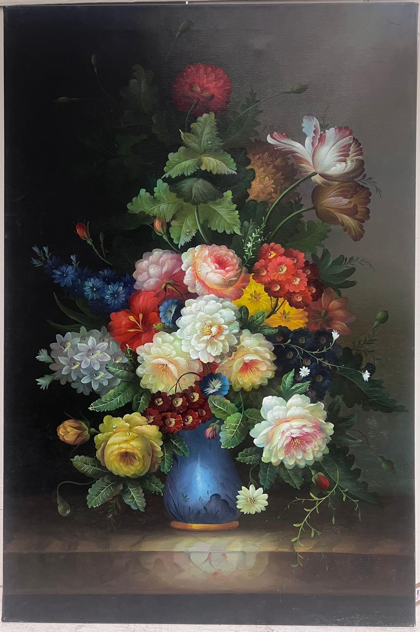 Grande Natura morta classica di fiori dipinto a olio su tela - Painting di European Artist