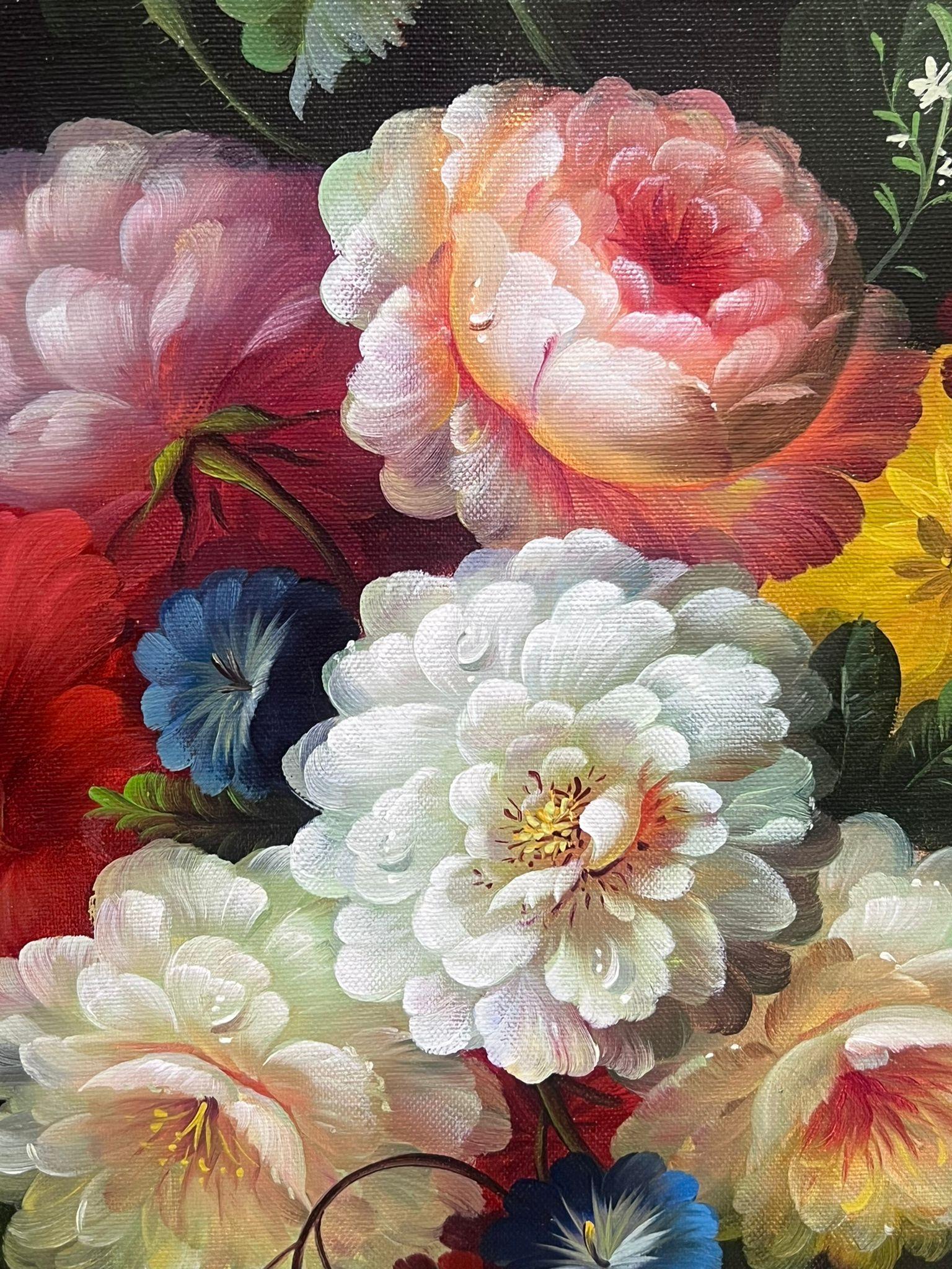 Grande Natura morta classica di fiori dipinto a olio su tela - Interior Painting Nero di European Artist
