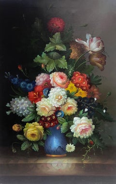 Grande Natura morta classica di fiori dipinto a olio su tela