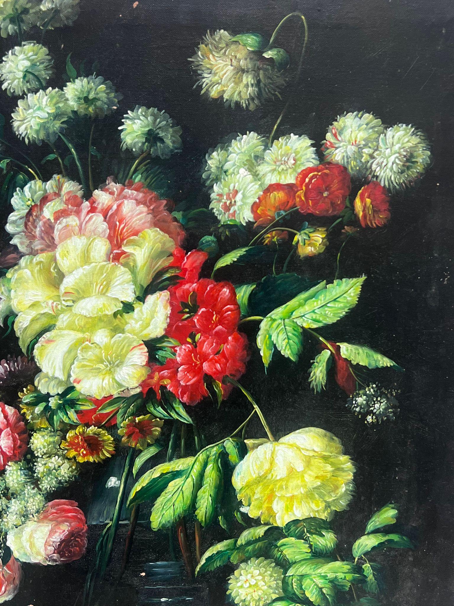 Grande Nature Morte colorée de fleurs Profusion de pétales et de fleurs Peinture à l'huile 1