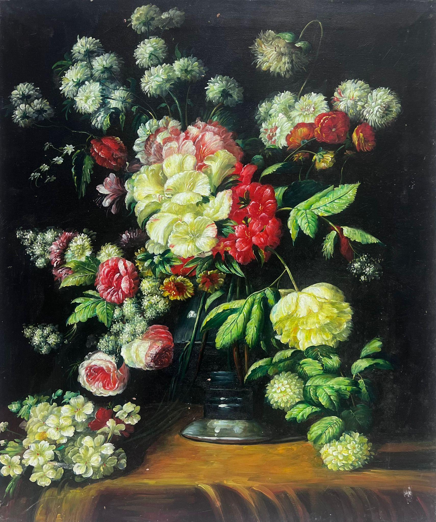 Interior Painting European Artist - Grande Nature Morte colorée de fleurs Profusion de pétales et de fleurs Peinture à l'huile