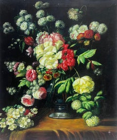 Gran bodegón colorido de flores Profusión de pétalos y flores Pintura al óleo