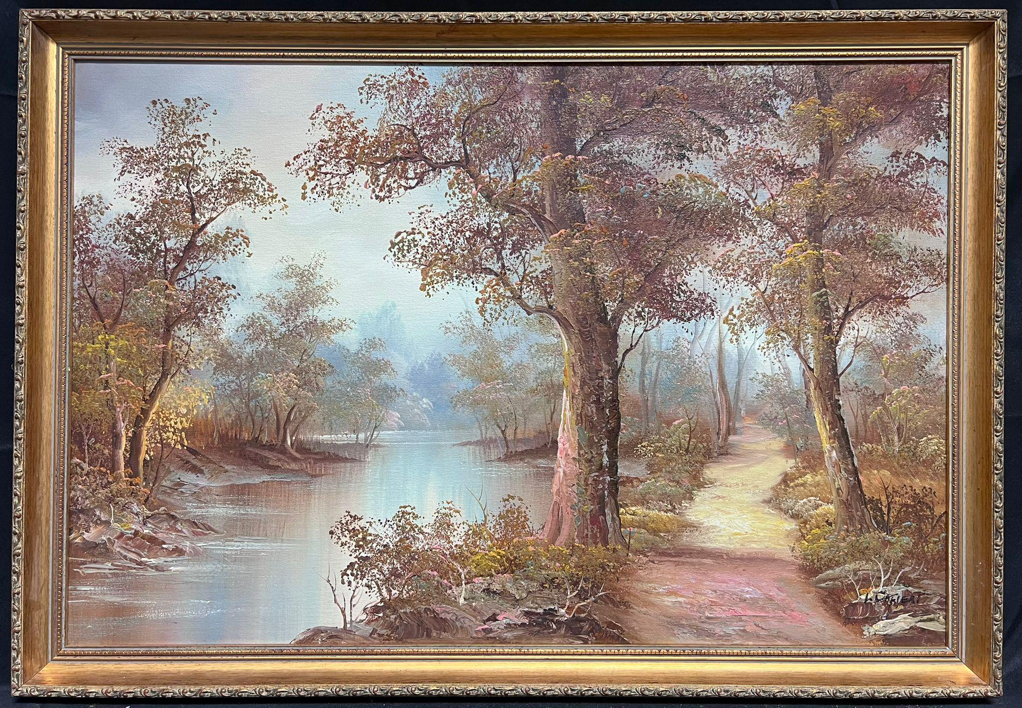 Grande peinture à l'huile signée Paysage de rivières d'automne encadrée et dorée - Painting de European Artist