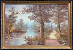 Large Signed Oil Painting Autumn River Landscape Gilt Framed