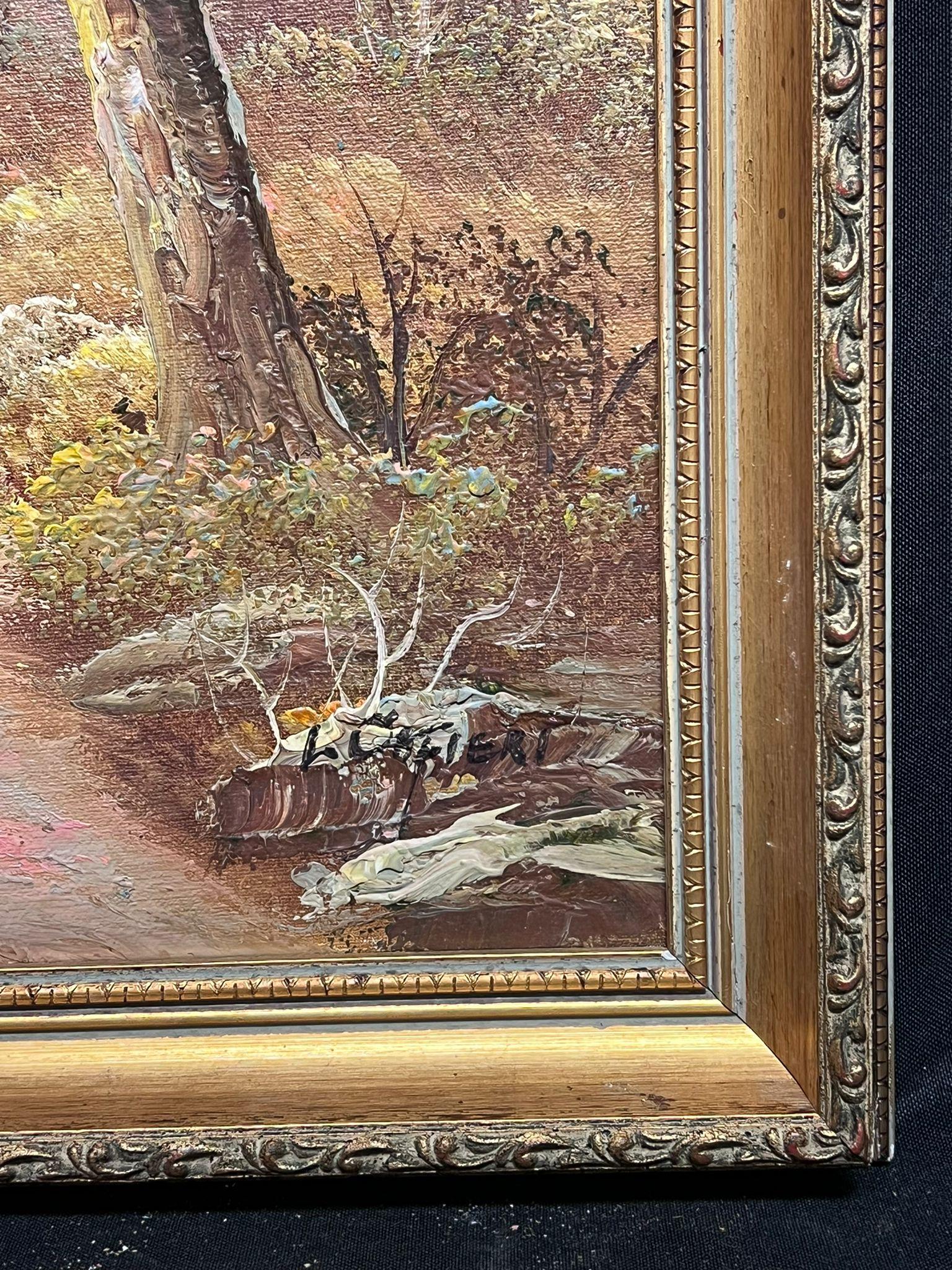 Grande peinture à l'huile signée Paysage de rivières d'automne encadrée et dorée - Impressionnisme Painting par European Artist
