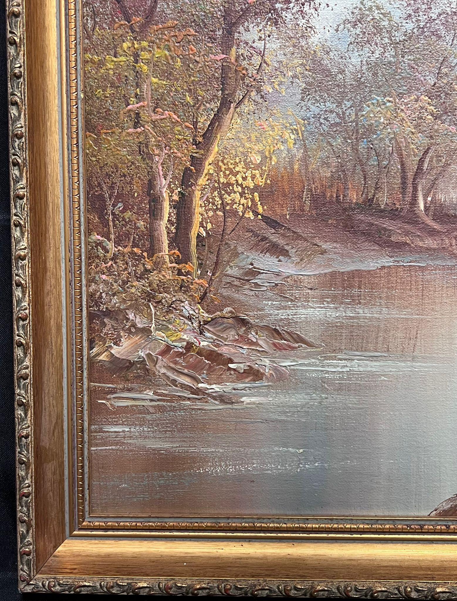 Large Signed Oil Painting Autumn River Landscape Gilt Framed - Gray Landscape Painting by European Artist