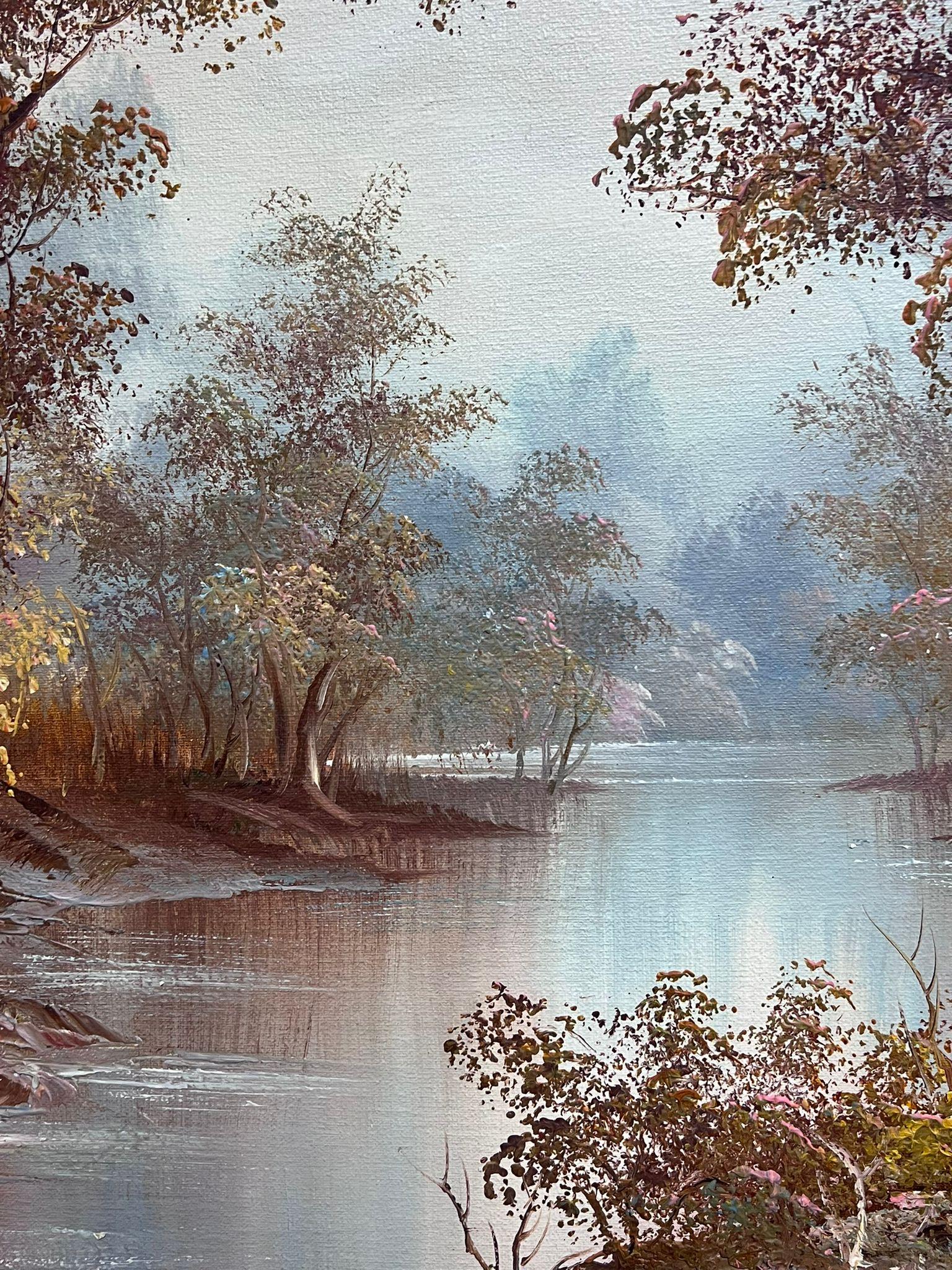 Large Signed Oil Painting Autumn River Landscape Gilt Framed For Sale 1