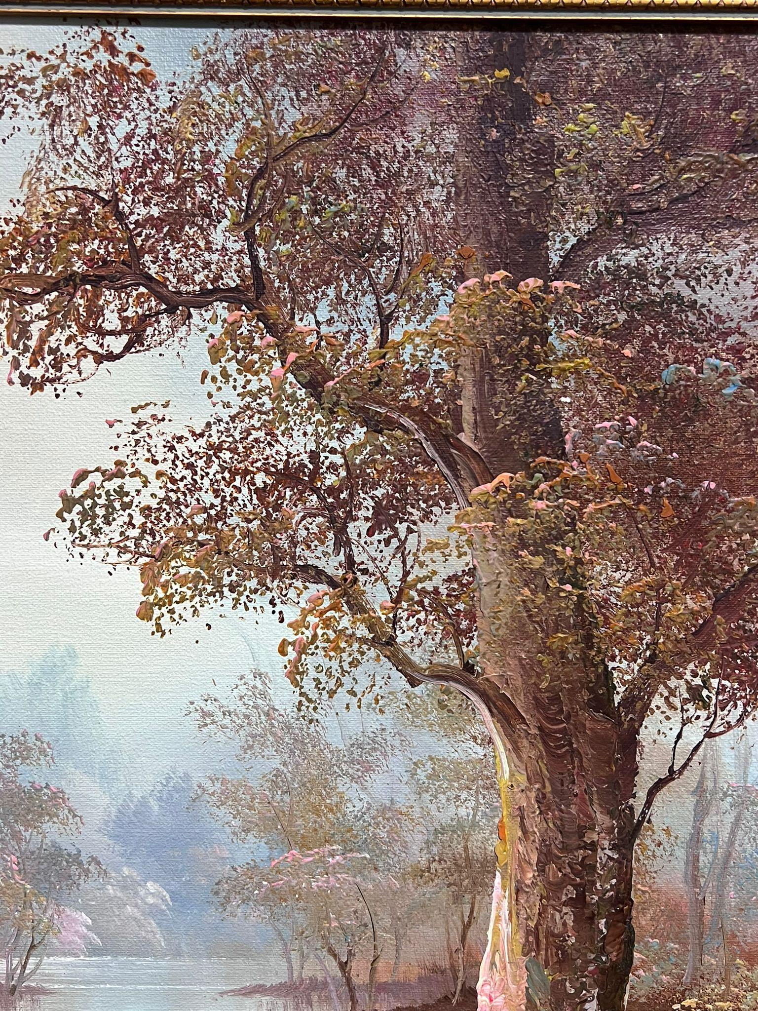 Large Signed Oil Painting Autumn River Landscape Gilt Framed For Sale 1