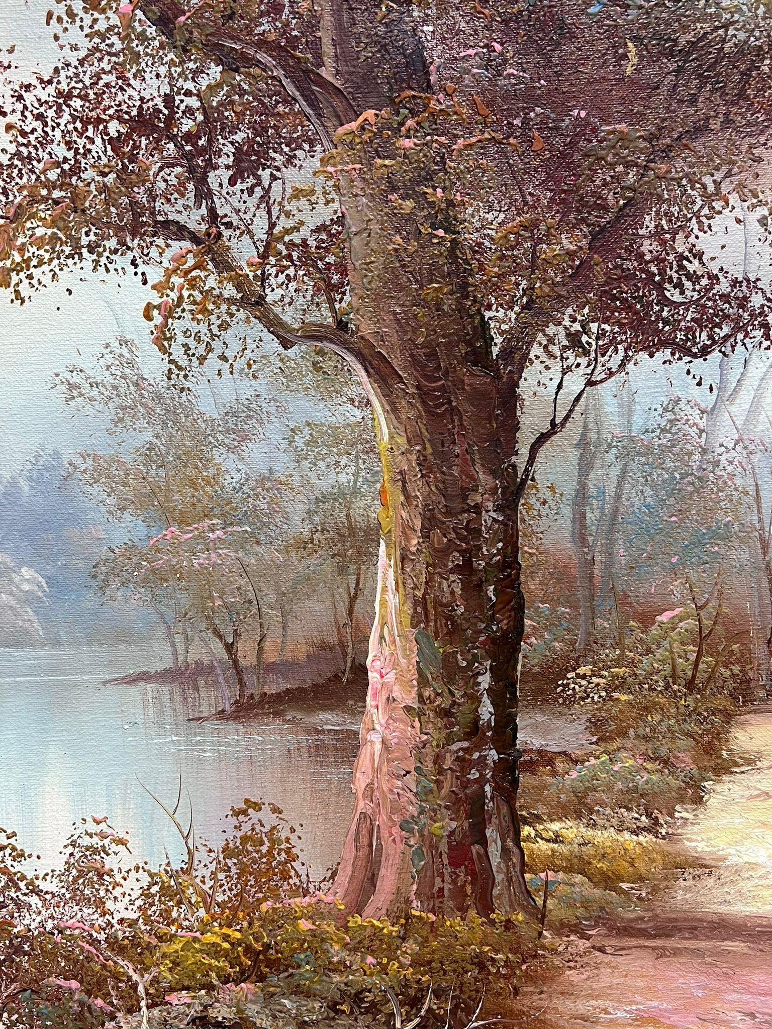 Large Signed Oil Painting Autumn River Landscape Gilt Framed For Sale 2