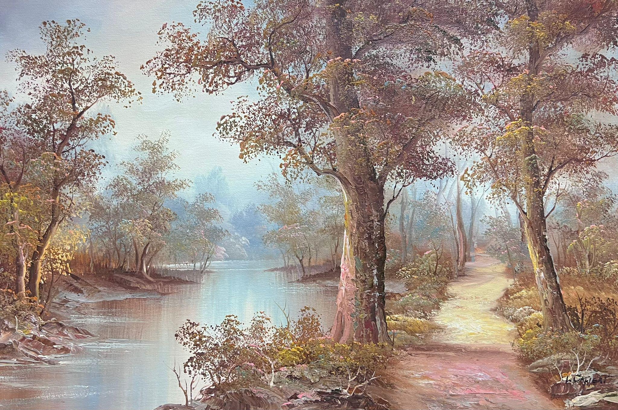 Landscape Painting European Artist - Grande peinture à l'huile signée Paysage de rivières d'automne encadrée et dorée