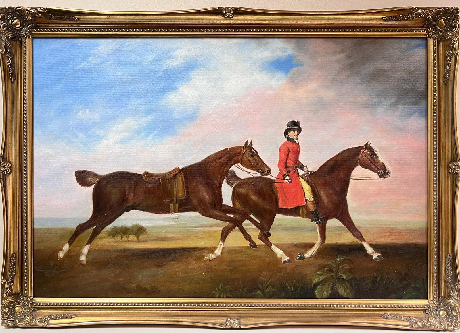 Grande peinture à l'huile d'art sportif représentant un cheval à cheval au dos avec un autre cheval encadré - Painting de European Artist
