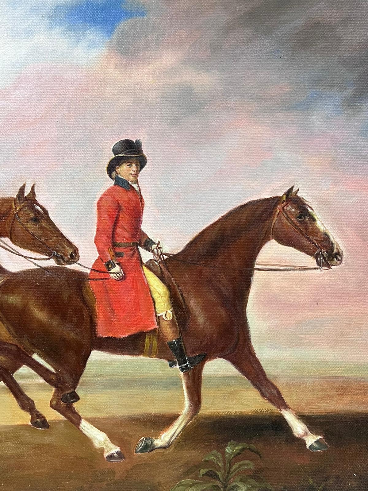 Large Sporting Art Oil Painting Rider on Horseback with Another Horse framed For Sale 1