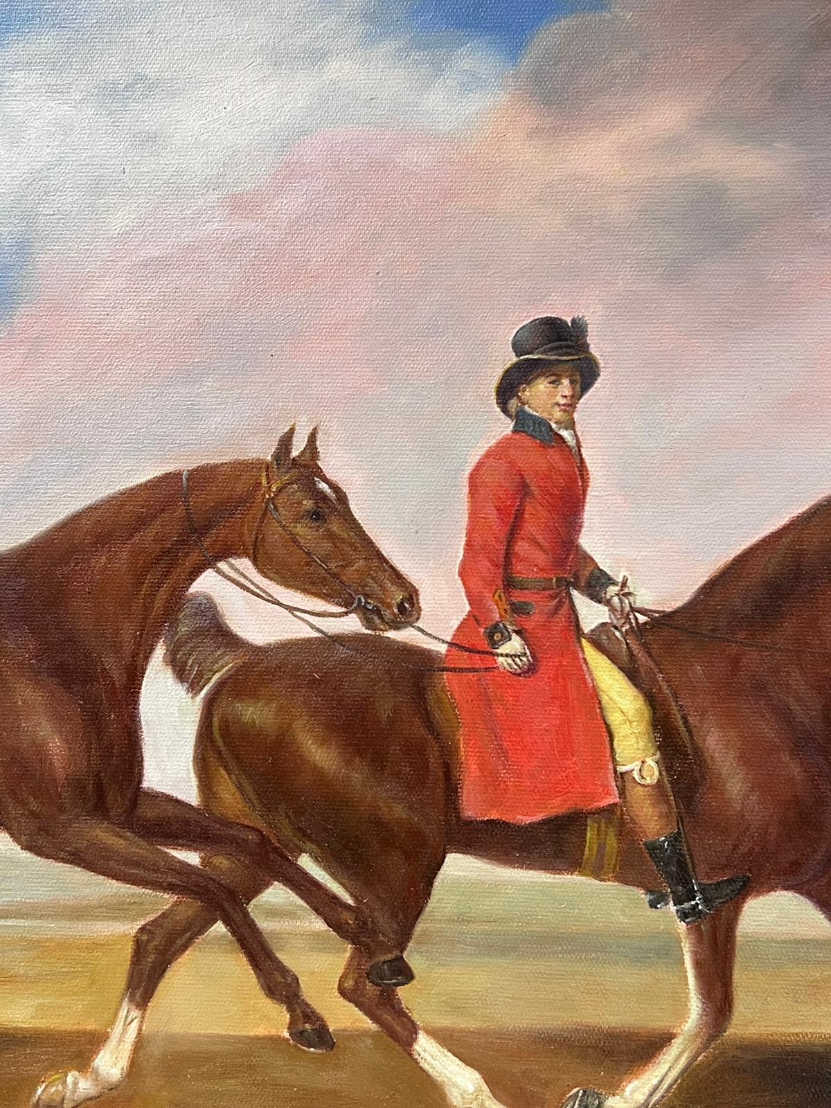 Large Sporting Art Oil Painting Rider on Horseback with Another Horse framed For Sale 2